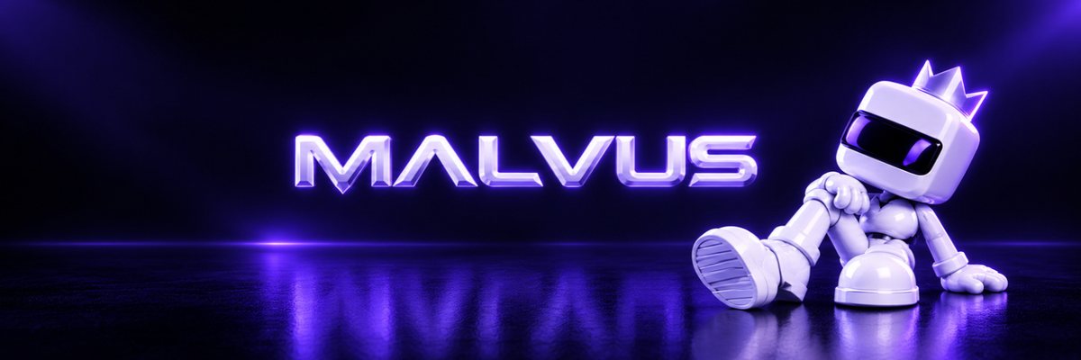 Malvus lounging on a reflective purple floor beside his name in chrome letters