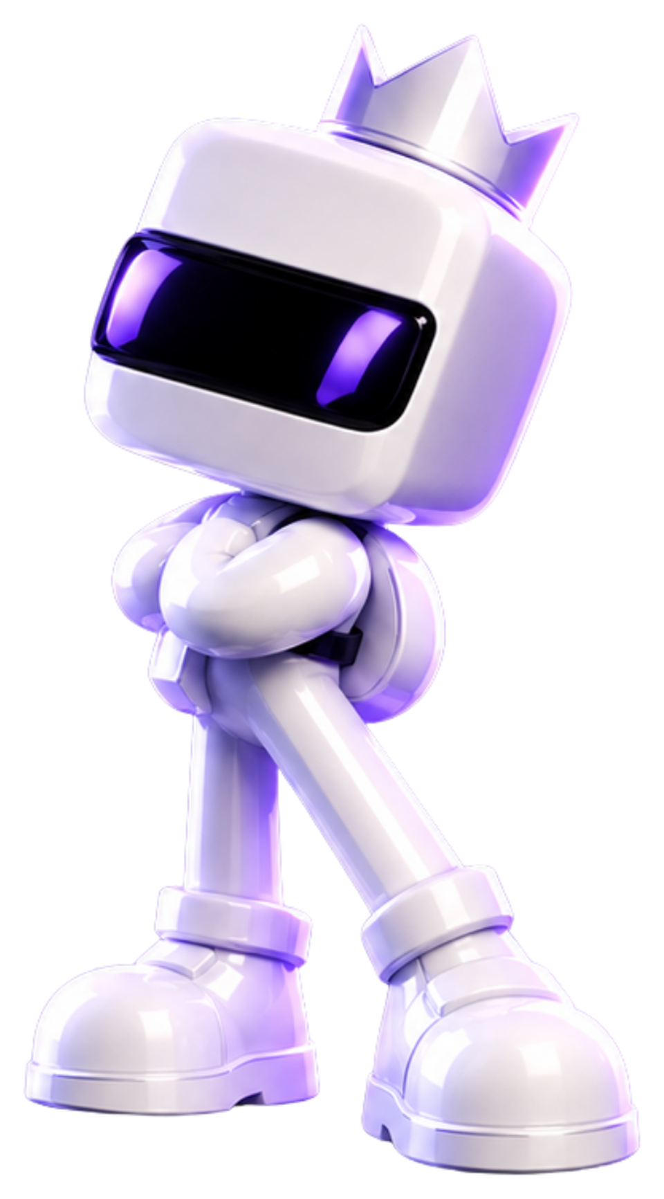 Malvus: a glossy white robot with a dark visor, folded arms and a small crown